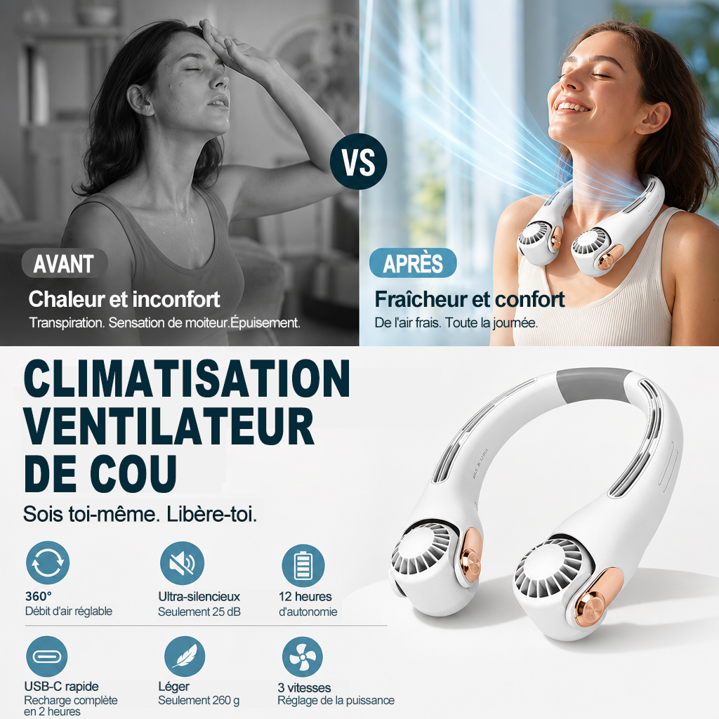 VENTE PHARE 2026🥳💨 -50 % !🍃 Ventilateur tour de cou rafraîchissant – Ultra-silencieux, rotation à 360°, 3 vitesses. Rafraîchissement mains libres, longue autonomie. L'indispensable de l'été ! 😎🌬️ (Copy)
